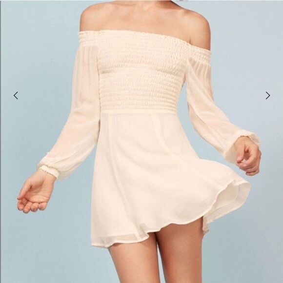 Reformation Honor Mini Dress Flowy Off the Shoulder Size 4 Long Sleeve Ivory - Picture 1 of 12